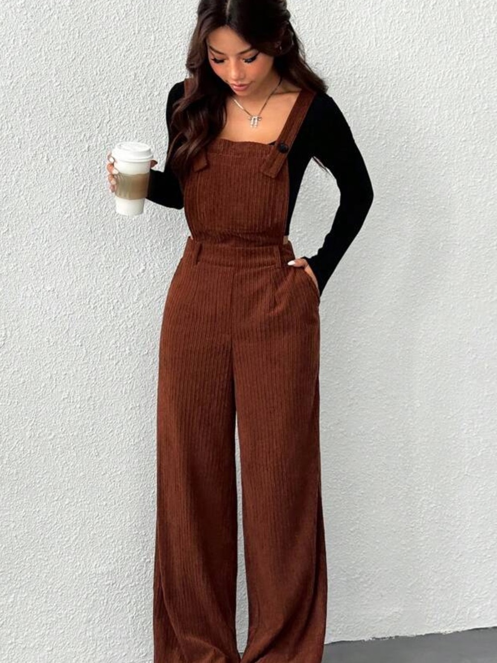 SHEIN Brown Corduroy Wide-Leg Jumper Overalls